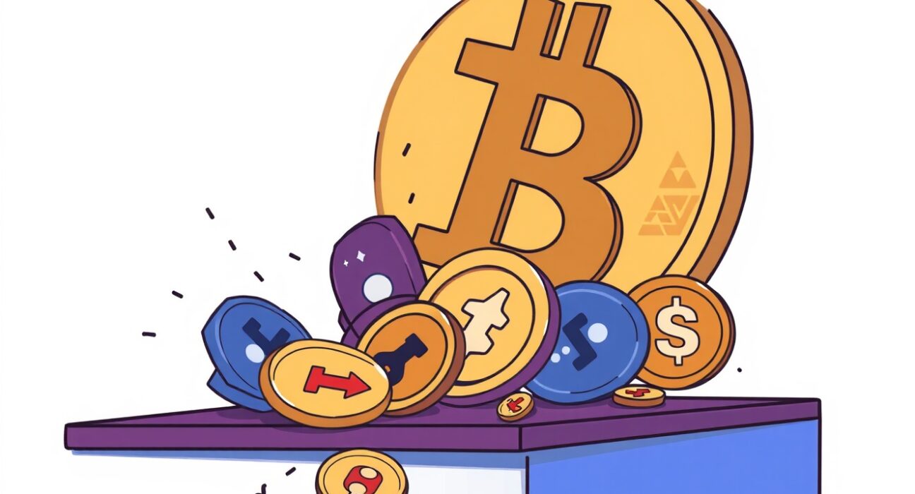 Cartoon illustration of digital tokens being removed from a platform, symbolizing the Binance Alpha delisting decision.