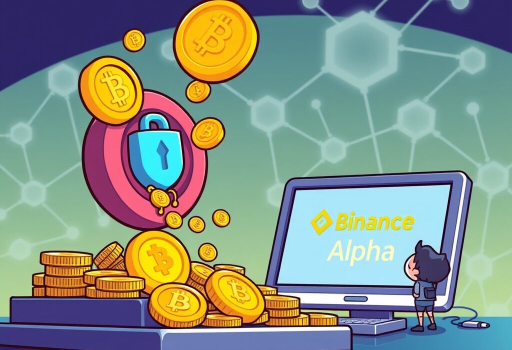 Cartoon showing early-stage tokens flowing into a secure Binance Alpha on-chain trading platform.