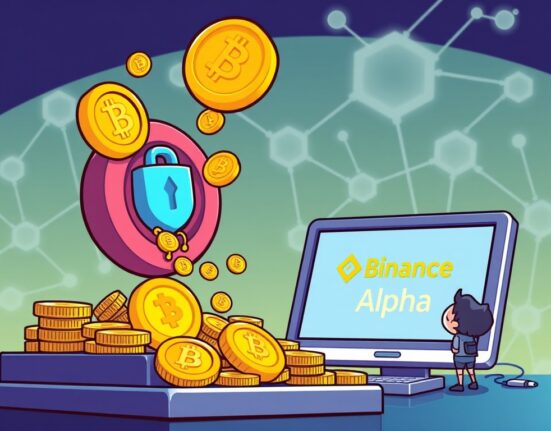 Cartoon showing early-stage tokens flowing into a secure Binance Alpha on-chain trading platform.