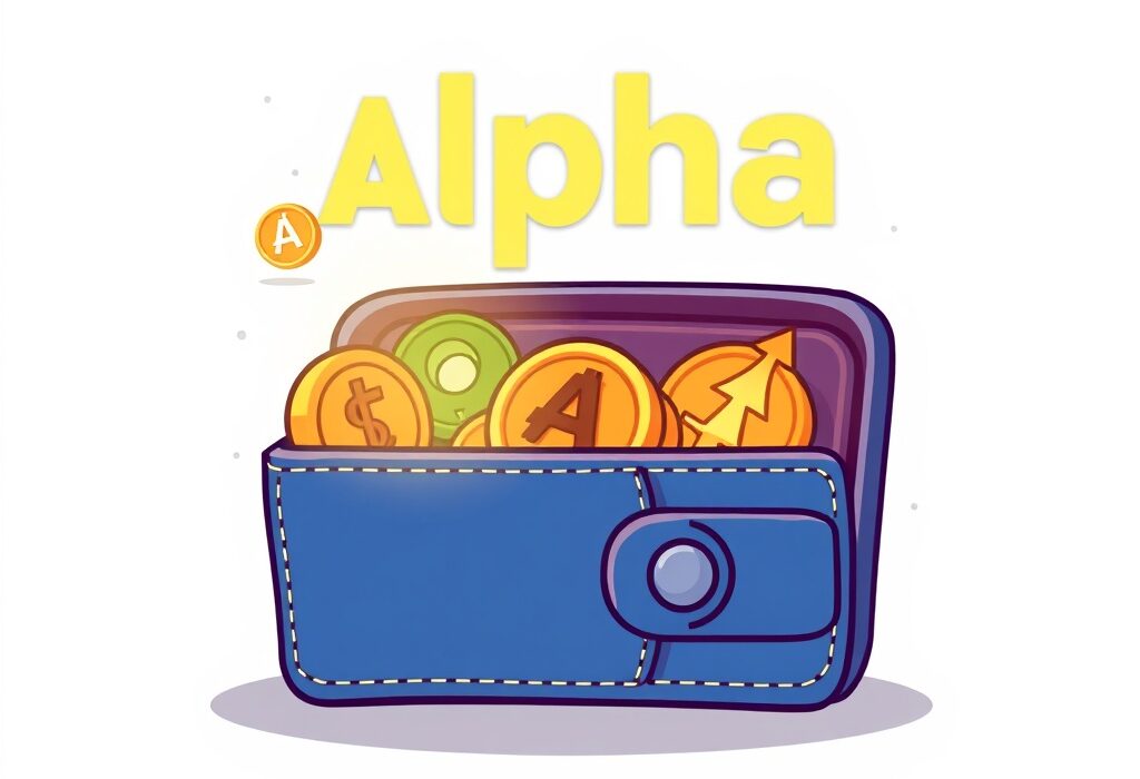 A cartoon illustration of a digital wallet highlighting a new crypto token, symbolizing the Binance Alpha platform's exciting new listing on Binance Alpha.