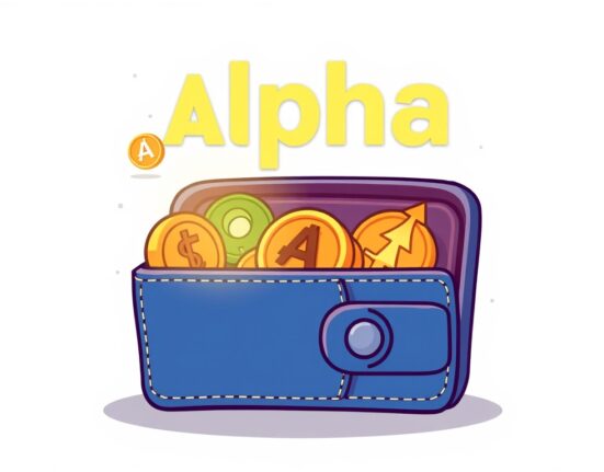 A cartoon illustration of a digital wallet highlighting a new crypto token, symbolizing the Binance Alpha platform's exciting new listing on Binance Alpha.