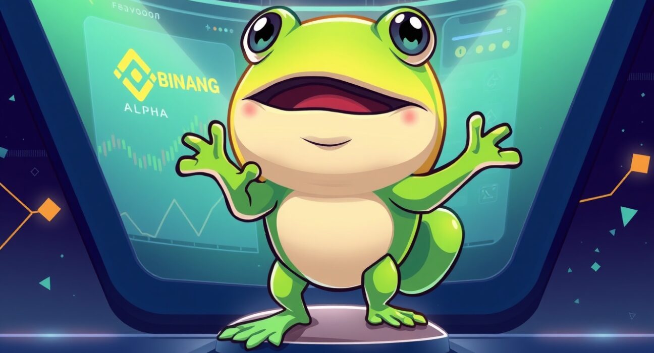 A cartoon illustration showing the Binance Alpha platform welcoming the FROGGIE coin, symbolizing new crypto investment opportunities.