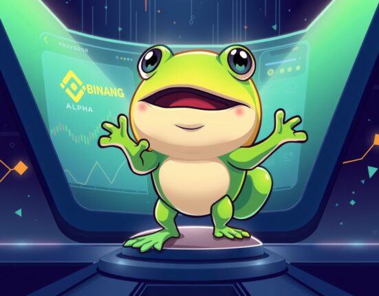 A cartoon illustration showing the Binance Alpha platform welcoming the FROGGIE coin, symbolizing new crypto investment opportunities.