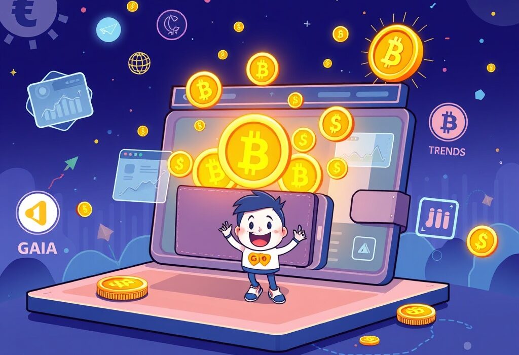 A cartoon illustration showing the Binance Alpha platform welcoming GAIA crypto, symbolizing new project listings and growth.