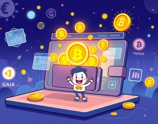 A cartoon illustration showing the Binance Alpha platform welcoming GAIA crypto, symbolizing new project listings and growth.