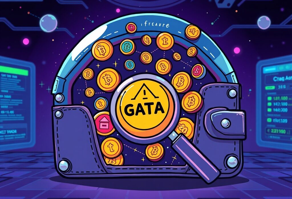 A cartoon illustration showing Binance Alpha platform expanding, revealing GATA and other early-stage crypto coins, symbolizing new investment opportunities.
