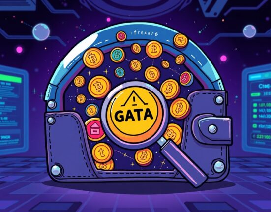 A cartoon illustration showing Binance Alpha platform expanding, revealing GATA and other early-stage crypto coins, symbolizing new investment opportunities.