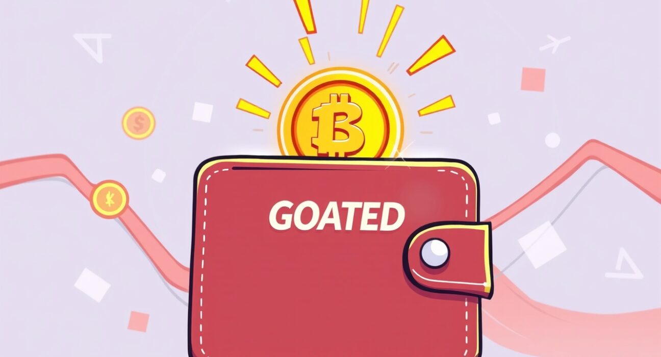 Cartoon illustration showing a new GOATED coin joining the Binance Alpha trading platform, symbolizing early investment opportunities.