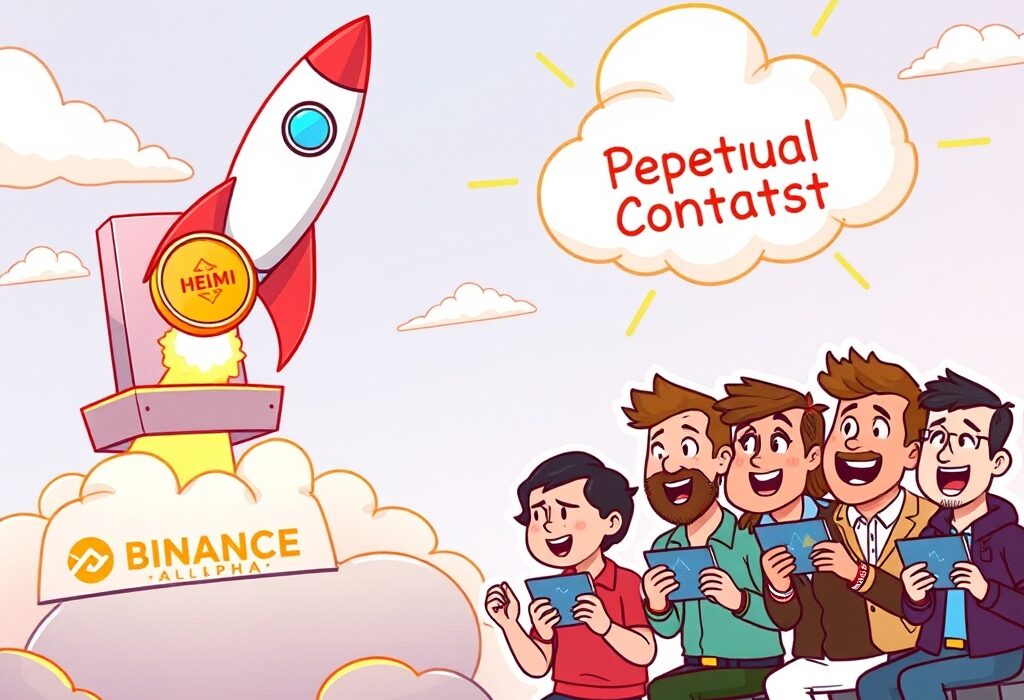 Cartoon illustration of the exciting Binance Alpha HEMI perpetual contract listing, symbolizing new trading opportunities.