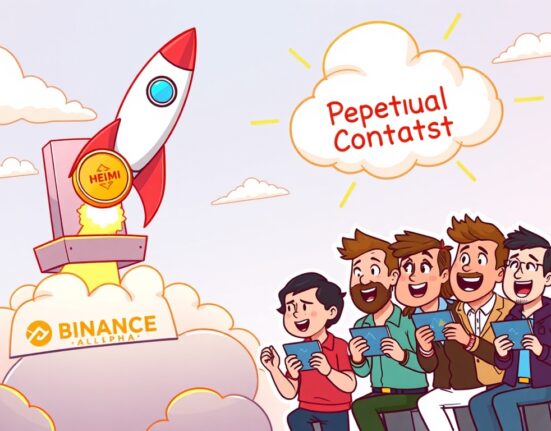 Cartoon illustration of the exciting Binance Alpha HEMI perpetual contract listing, symbolizing new trading opportunities.