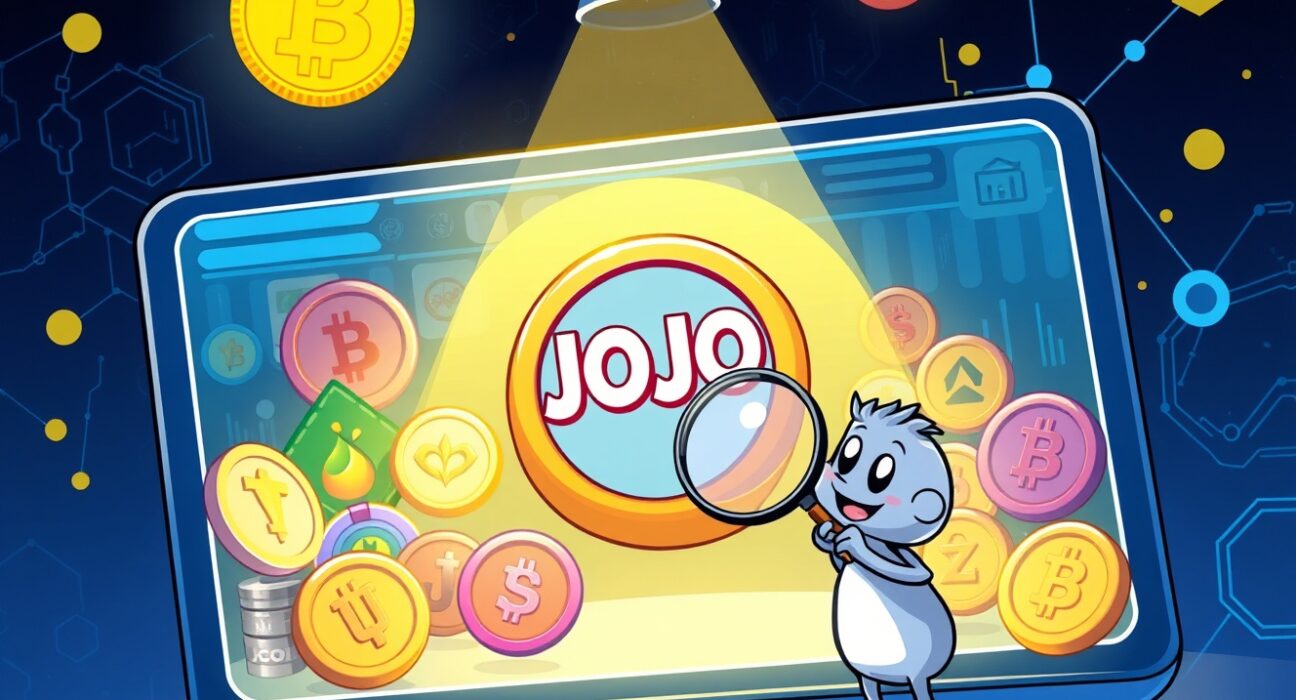 A cartoon illustration showing a user discovering the new Binance Alpha JOJO coin listing on a digital trading platform, highlighting early crypto opportunities and the Binance Alpha JOJO token.