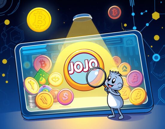 A cartoon illustration showing a user discovering the new Binance Alpha JOJO coin listing on a digital trading platform, highlighting early crypto opportunities and the Binance Alpha JOJO token.