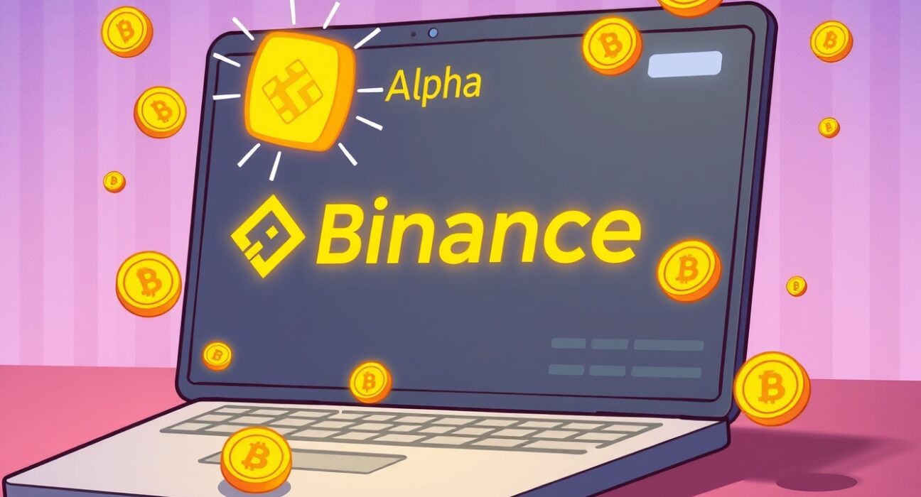 A cartoon illustration showing the integration of KITE into the Binance Alpha platform, highlighting new opportunities for early-stage coin trading.