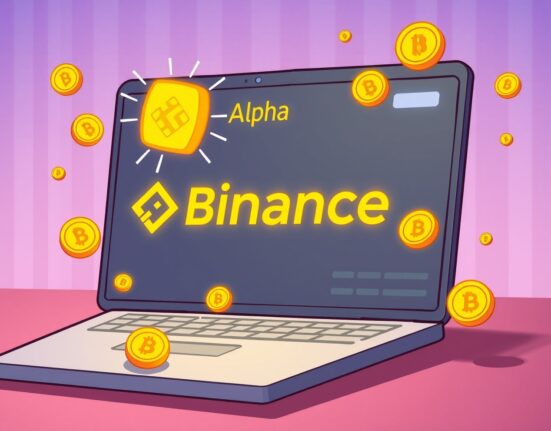 A cartoon illustration showing the integration of KITE into the Binance Alpha platform, highlighting new opportunities for early-stage coin trading.