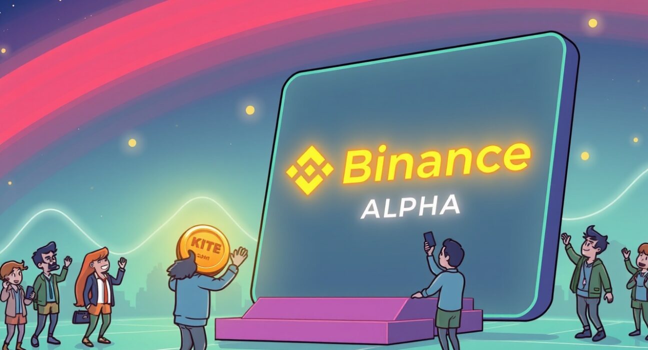 A cartoon illustration showing the integration of the KITE token onto the Binance Alpha platform, symbolizing new early-stage crypto trading.