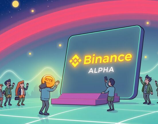 A cartoon illustration showing the integration of the KITE token onto the Binance Alpha platform, symbolizing new early-stage crypto trading.