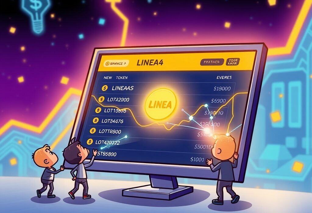 Cartoon illustration of the Binance Alpha LINEA listing, symbolizing new early-stage token trading opportunities on a digital platform.