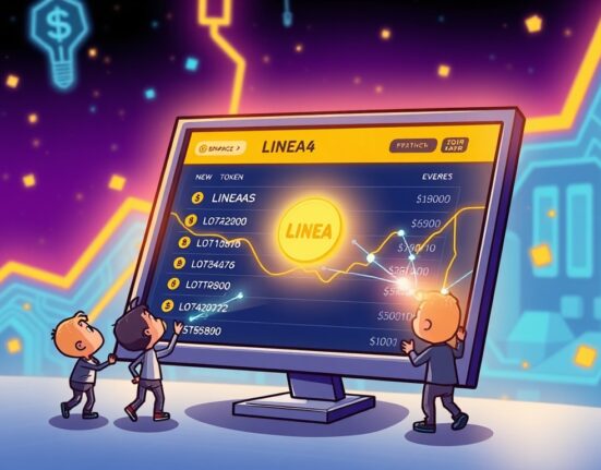 Cartoon illustration of the Binance Alpha LINEA listing, symbolizing new early-stage token trading opportunities on a digital platform.