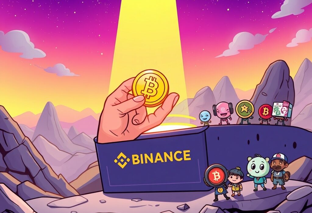A cartoon illustration showing a new Bitlayer (BTR) token being highlighted, symbolizing its upcoming Binance Alpha listing and introduction to the crypto community.