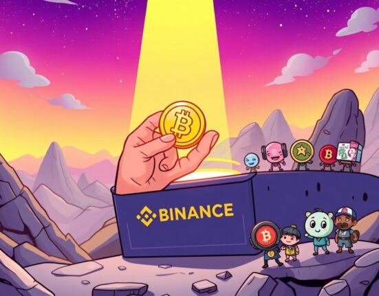 A cartoon illustration showing a new Bitlayer (BTR) token being highlighted, symbolizing its upcoming Binance Alpha listing and introduction to the crypto community.