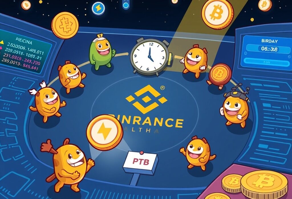 A cartoon illustration depicting the exciting Binance Alpha listing of PTB, symbolizing new trading opportunities for early-stage cryptocurrencies.