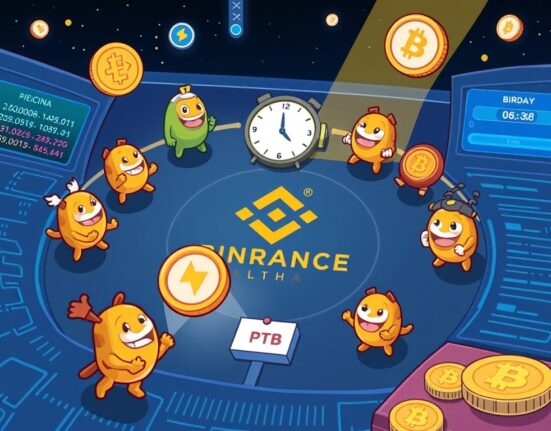 A cartoon illustration depicting the exciting Binance Alpha listing of PTB, symbolizing new trading opportunities for early-stage cryptocurrencies.
