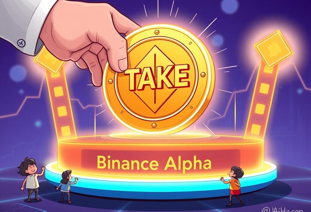 A cartoon image illustrating the significant Binance Alpha listing of the TAKE token on a digital platform, symbolizing new opportunities in the crypto market.