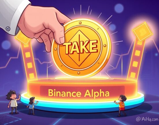 A cartoon image illustrating the significant Binance Alpha listing of the TAKE token on a digital platform, symbolizing new opportunities in the crypto market.
