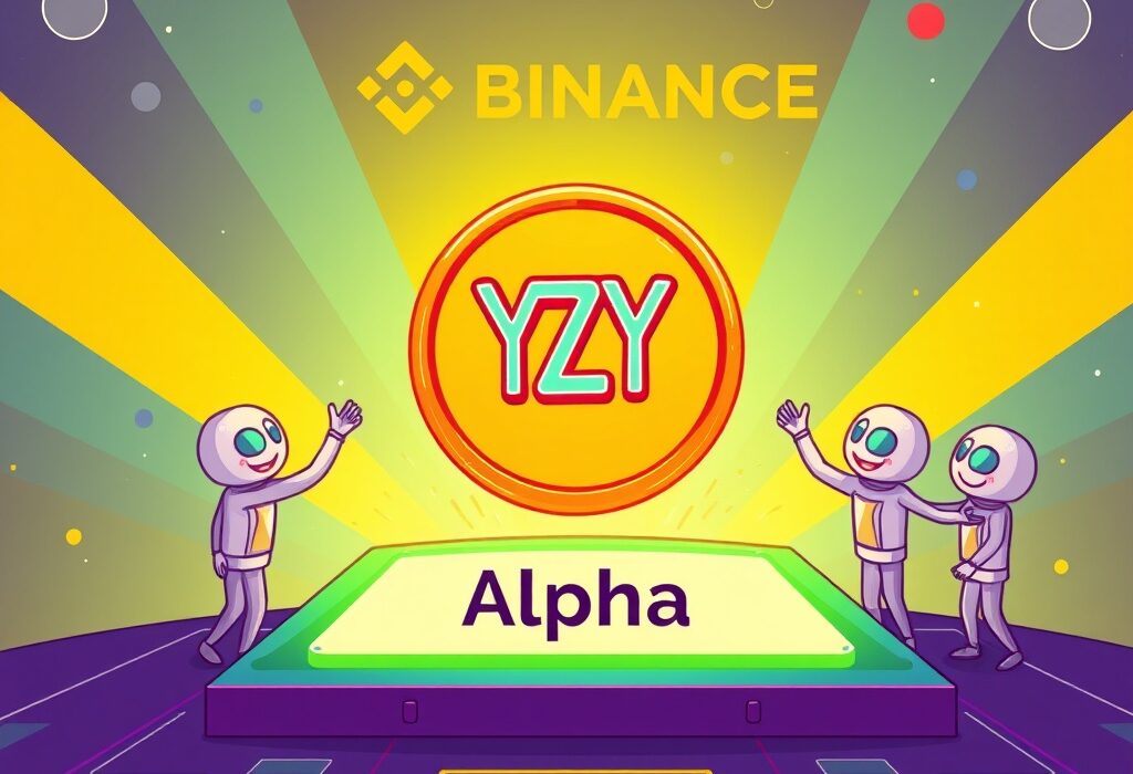 A cartoon illustration depicting the exciting moment of a new YZY token being added to the Binance Alpha listing platform, symbolizing growth and opportunity.