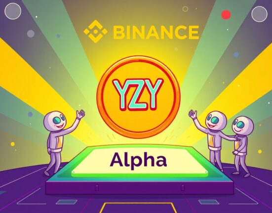 A cartoon illustration depicting the exciting moment of a new YZY token being added to the Binance Alpha listing platform, symbolizing growth and opportunity.