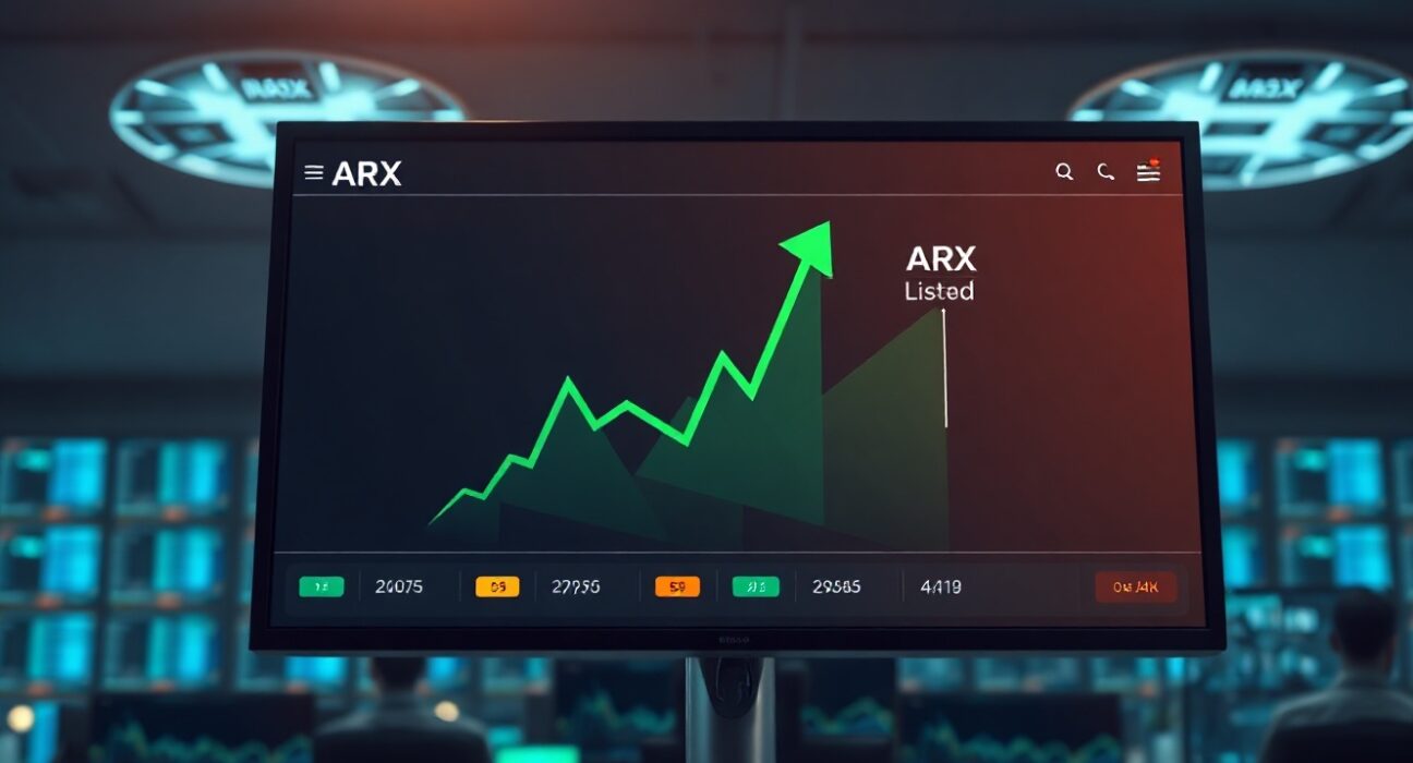 Cryptocurrency trading interface on a monitor showing ARX token listed with a price chart
