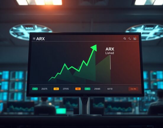 Cryptocurrency trading interface on a monitor showing ARX token listed with a price chart