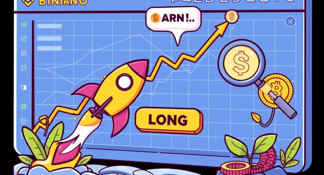 A cartoon illustration depicting the exciting new opportunities for traders using Binance Alpha LONG positions on early-stage crypto coins.