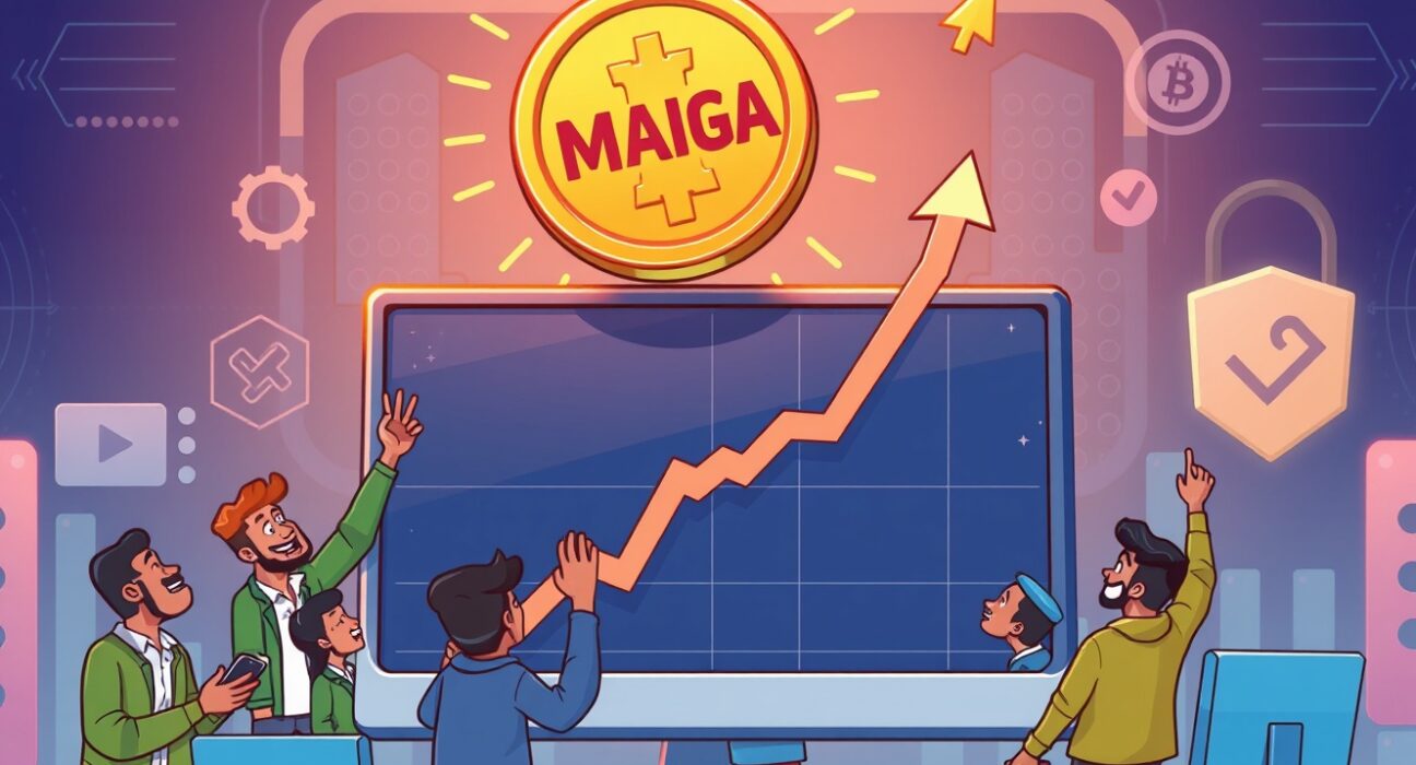 Cartoon illustration showing the exciting Binance Alpha MAIGA listing, symbolizing new opportunities for crypto traders.