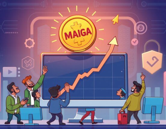 Cartoon illustration showing the exciting Binance Alpha MAIGA listing, symbolizing new opportunities for crypto traders.