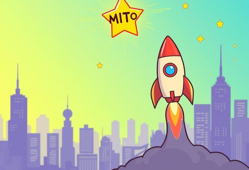 A cartoon rocket launching from a digital wallet, symbolizing the Binance Alpha MITO listing and new early-stage crypto trading opportunities.