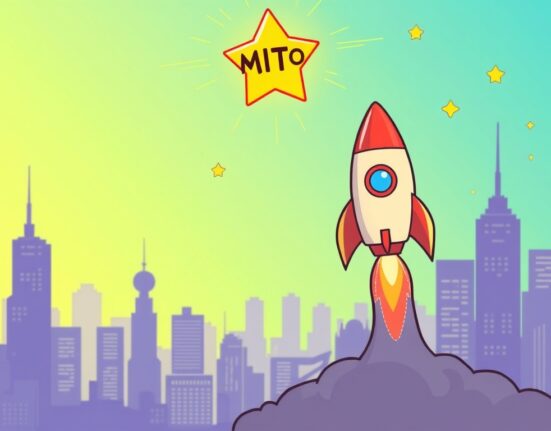 A cartoon rocket launching from a digital wallet, symbolizing the Binance Alpha MITO listing and new early-stage crypto trading opportunities.