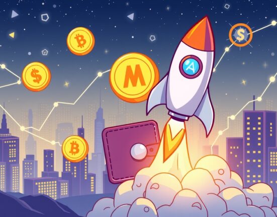 A dynamic illustration showing the launch of MOMOFUN (MM) on Binance Alpha, symbolizing growth and new opportunities for early-stage crypto projects.