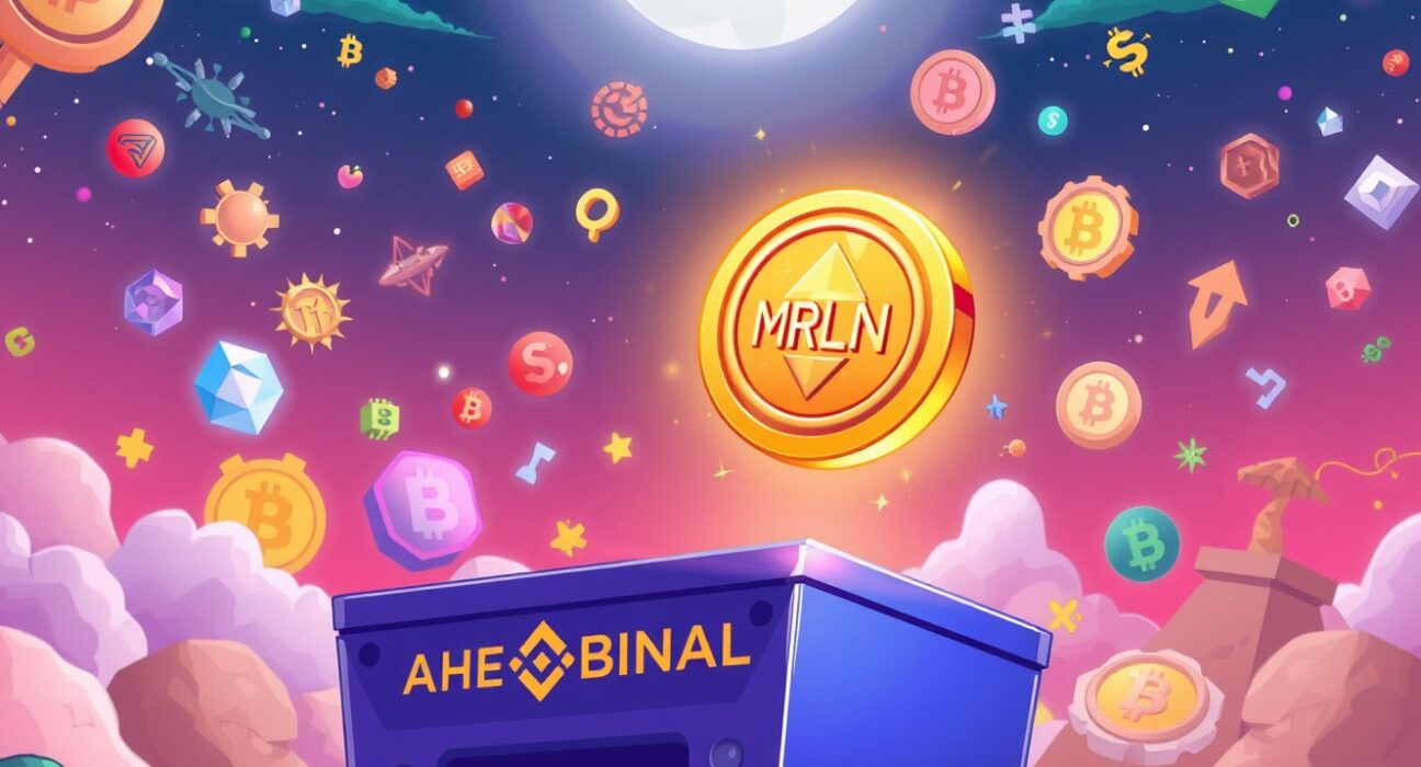 Cartoon illustration depicting the exciting launch of the MRLN token from the Binance Alpha platform, symbolizing new opportunities in early-stage crypto.