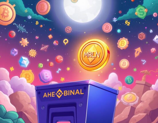 Cartoon illustration depicting the exciting launch of the MRLN token from the Binance Alpha platform, symbolizing new opportunities in early-stage crypto.