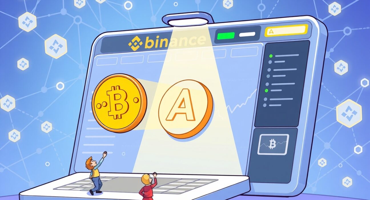 A vibrant cartoon scene illustrating the exciting addition of new assets to the Binance Alpha on-chain trading platform, signaling growth.