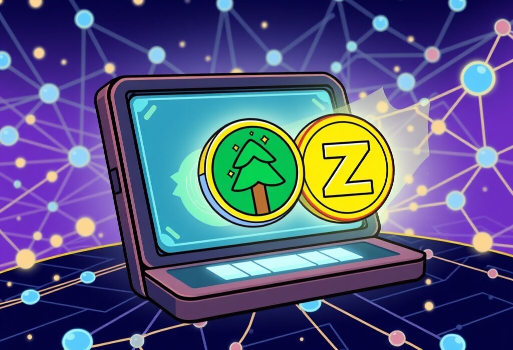 Cartoon illustration of new Binance Alpha listings, showing WOD, FOREST, and ZENT coins integrating into an on-chain trading platform.