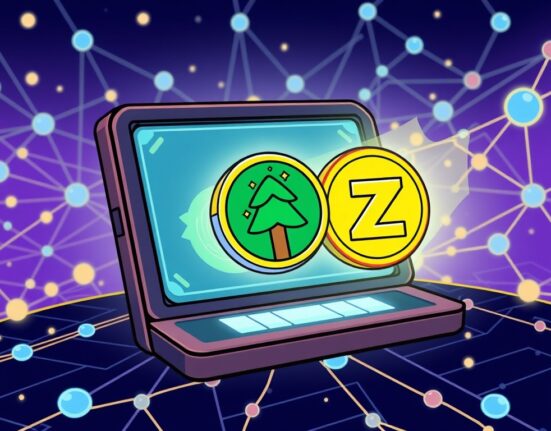 Cartoon illustration of new Binance Alpha listings, showing WOD, FOREST, and ZENT coins integrating into an on-chain trading platform.