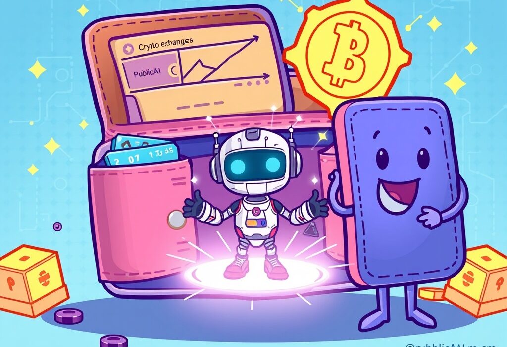 A cartoon illustration depicting Binance Alpha's platform embracing PublicAI (PUBLIC), symbolizing new early-stage crypto projects joining the ecosystem.