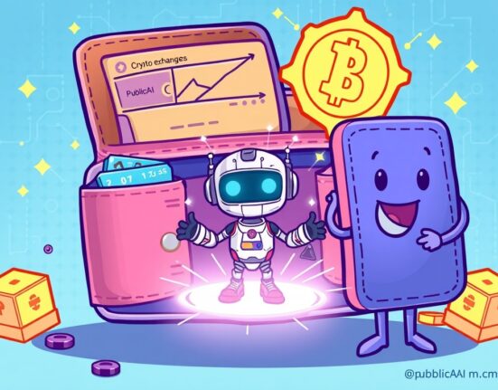 A cartoon illustration depicting Binance Alpha's platform embracing PublicAI (PUBLIC), symbolizing new early-stage crypto projects joining the ecosystem.