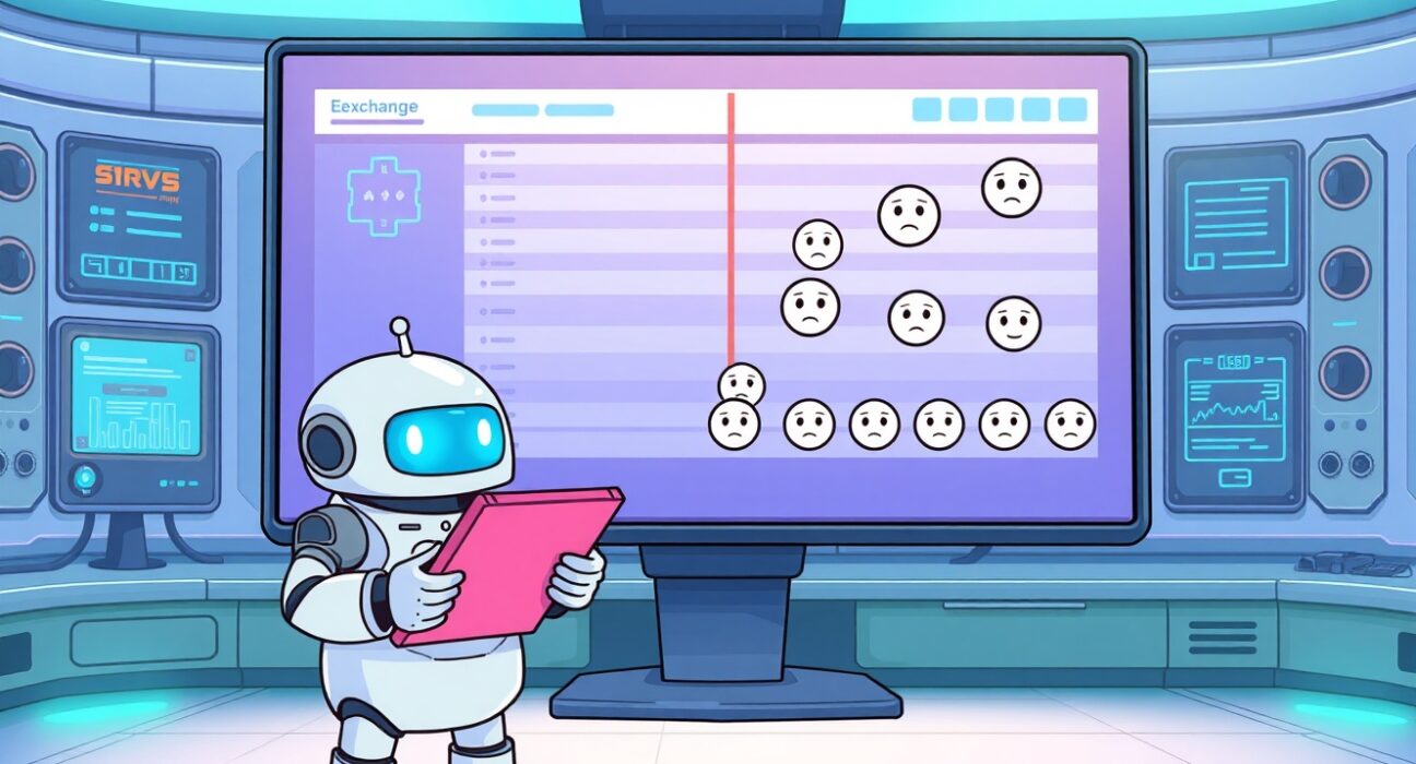 Binance Alpha token removal illustrated by a cartoon robot managing a digital exchange interface.