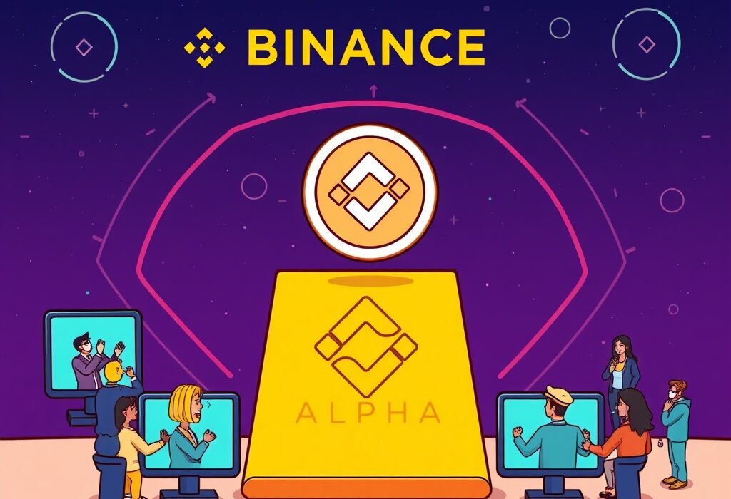 A cartoon illustration symbolizing the integration of RICE into the Binance Alpha platform, highlighting new opportunities for early-stage crypto projects.