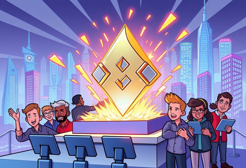 Cartoon showing a new SHARDS crypto token being launched on Binance Alpha, symbolizing early investment opportunities.