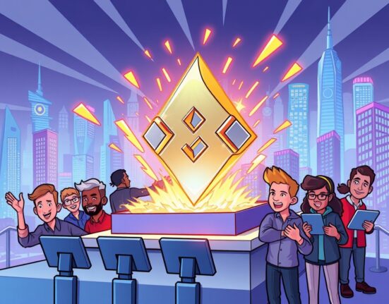 Cartoon showing a new SHARDS crypto token being launched on Binance Alpha, symbolizing early investment opportunities.