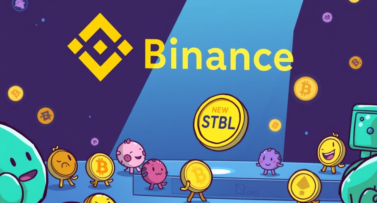 A cartoon illustration showing the exciting addition of Binance Alpha STBL to an on-chain trading platform, highlighting new crypto opportunities.